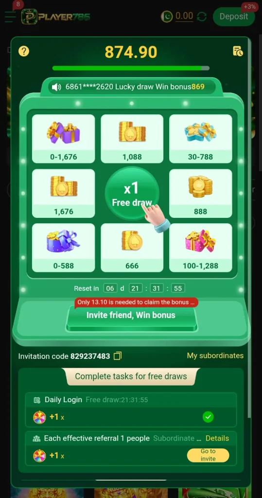 Player786 Game rewards