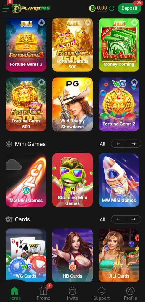 Player786 game home screen